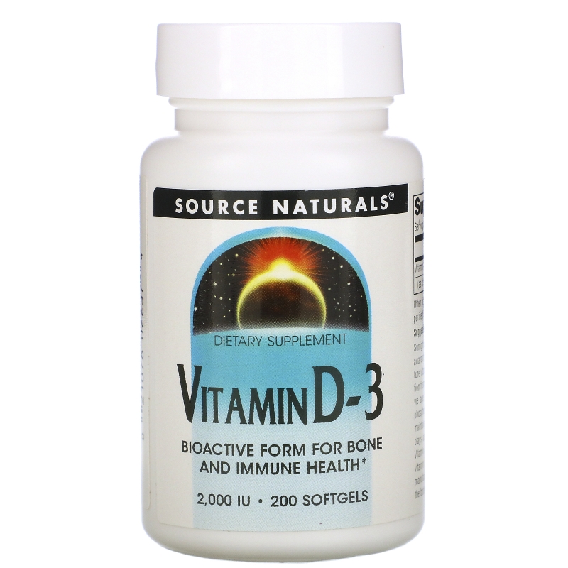 Source Naturals, Витамин D-3, 2000 международных единиц, 200 мягких капсул