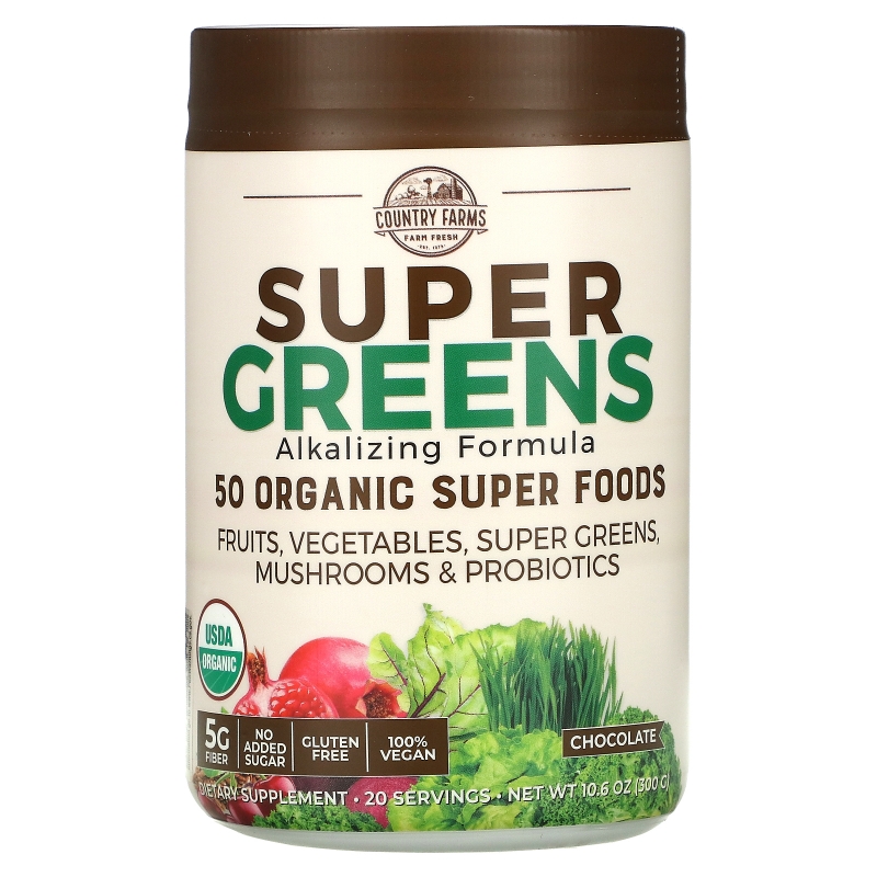 Country Farms, Super Greens, сертифицированная органическая формула из цельных продуктов, со вкусом шоколада, 10,6 унц. (300 г)