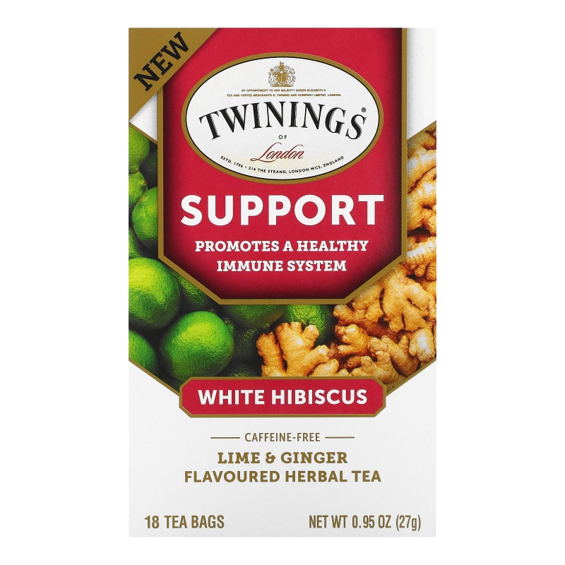 Twinings, Травяной чай для поддержки иммунитета, белый гибискус, лайм и имбирь, без кофеина, 18 пакетиков по 0,95 унц. (27 г)