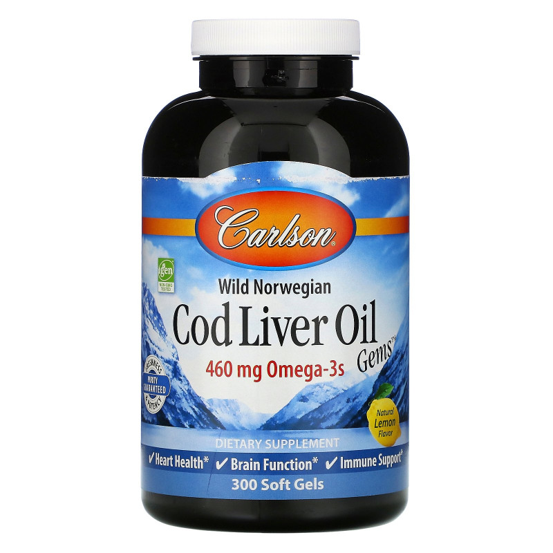 Carlson Labs, Wild Norwegian Cod Liver Oil Gems, натуральный лимонный вкус, 300 мягких таблеток