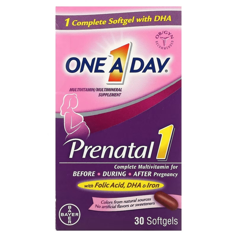 One-A-Day, Prenatal 1 with Folic Acid, DHA & Iron, Multivitamin/Multimineral Supplement, 30 Softgels