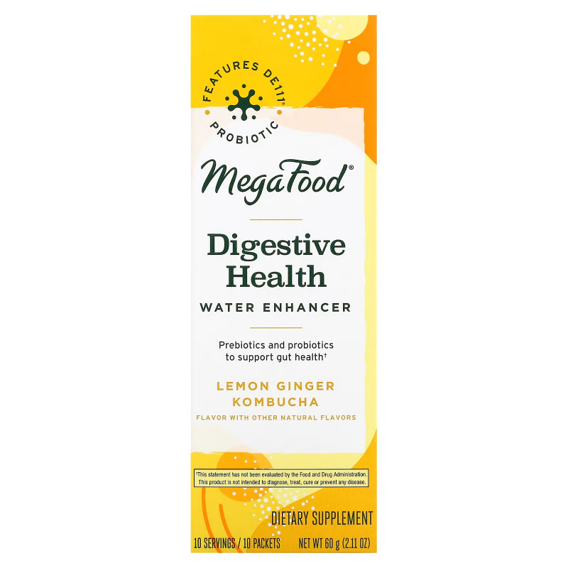 MegaFood, Digestive Health, Water Enhancer, Lemon Ginger Kombucha, 10 Packets, 0.21 oz (6 g) Each