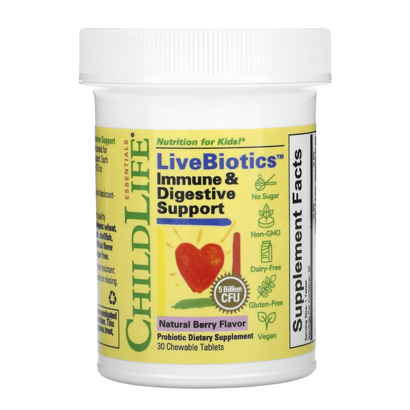 ChildLife, LiveBiotics, Immune & Digestive Support, Natural Berry Flavor, 5 Billion CFU, 30 Chewable Tablets