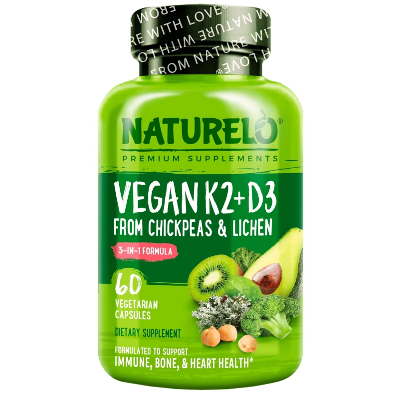 NATURELO, Vitamin K2 + D3, From Chickpeas & Lichen, 60 Vegetarian Capsules