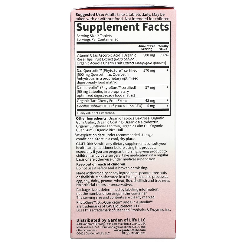 Garden of Life, Dr. Formulated, Quercetin Drop Uric Acid, 500 mg, 60 Vegan Tablets