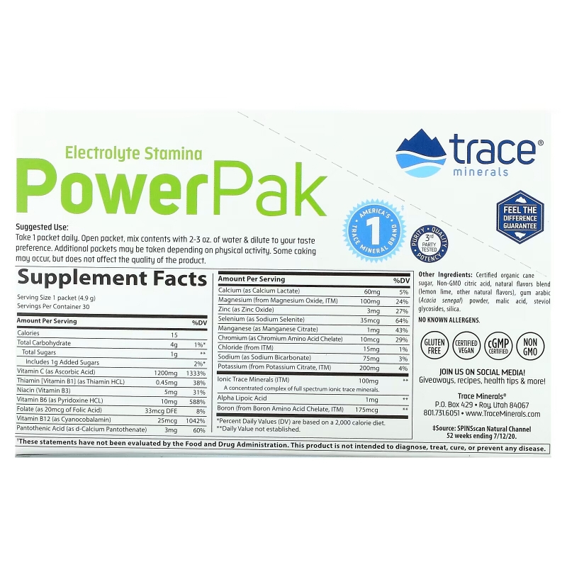 Trace Minerals Research Электролиты для выносливости Power Pak с лимоном и лаймом 32 пакетика по 023 унции (6.4 гр) каждом