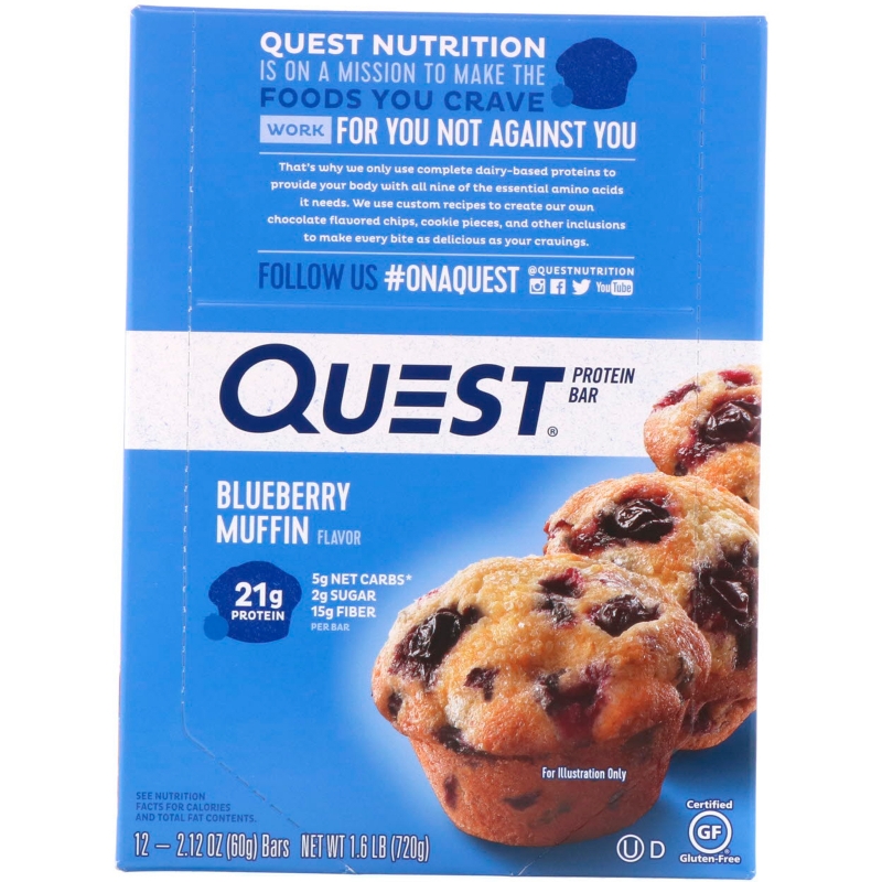 Quest Nutrition, QuestBar, Протеиновый Батончик, Черничный Маффин, 12 Батончиков, 2.1 унции (60 г) Каждый