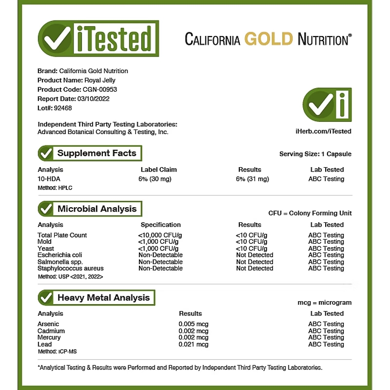 California Gold Nutrition Royal Jelly 500 mg 30 Veggie Caps