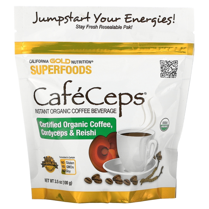 California Gold Nutrition, CafeCeps, Certified Organic Instant Coffee with Cordyceps and Reishi Mushroom Powder, 3.52 oz (100 g)