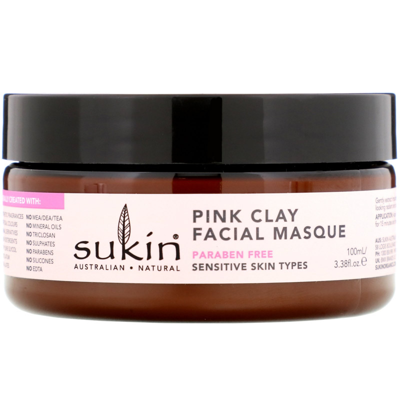 Sukin, Pink Clay Facial Masque, Sensitive, 3.38 fl oz (100 ml)